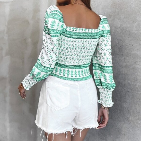 BOHO DOLLZ Disty Floral Print Blouse - GREEN *more - Picture 6 of 6